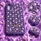 Purple Samsung Galaxy A16 rhinestone and pearl case shown flat with close-up detail views of the embellished surface