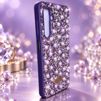 Purple Samsung Galaxy A16 rhinestone and pearl fashion case in a premium lavender studio setting