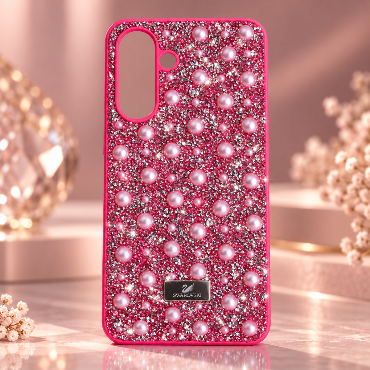 Pink Samsung Galaxy A16 4G/5G rhinestone and pearl fashion case with a flexible TPU side frame