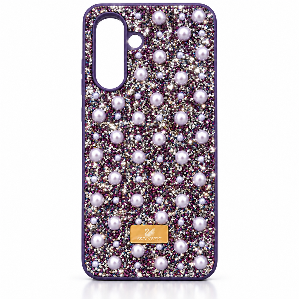 Purple rhinestone and pearl fashion case for Samsung Galaxy A16 4G/5G, full rear view on a clean white background