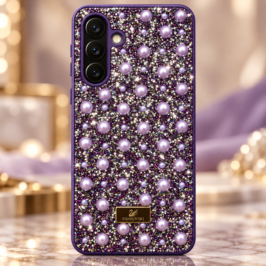 Purple Samsung Galaxy A16 4G/5G fashion case with rhinestone sparkle, pearl detailing and flexible TPU sides