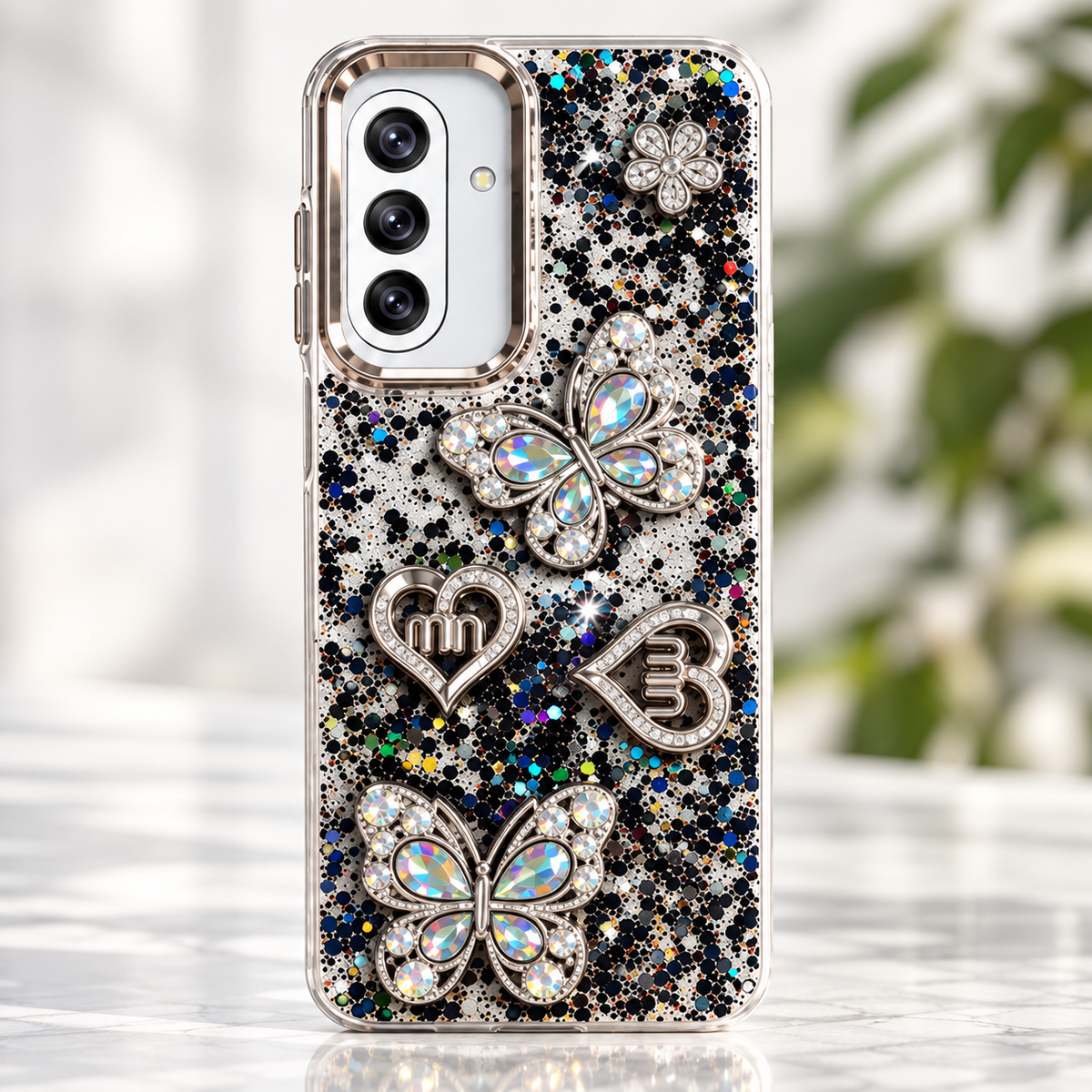 Black Samsung Galaxy A17 glitter butterfly back cover with raised 3D decorations and soft TPU sides