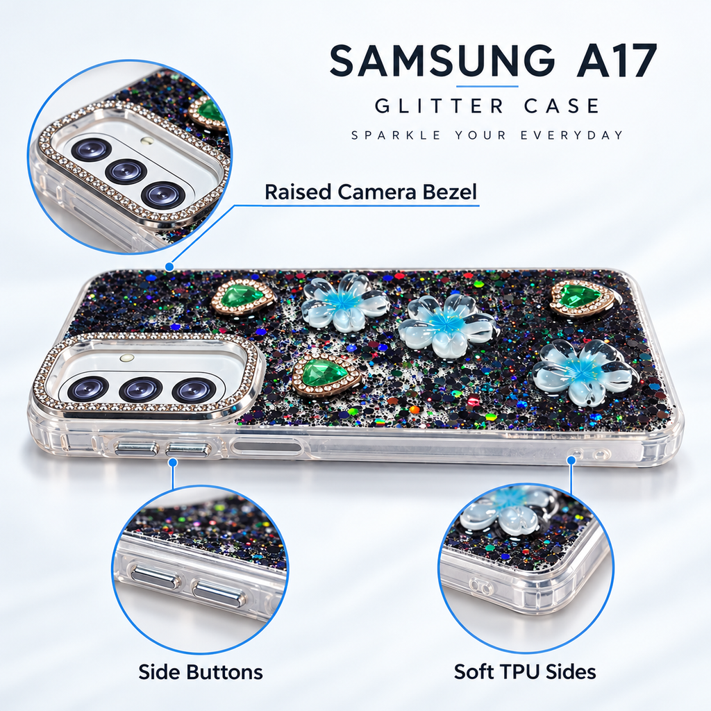 Samsung Galaxy A17 black case side profile with raised camera bezel, side buttons and TPU sides