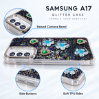 Samsung Galaxy A17 black case side profile with raised camera bezel, side buttons and TPU sides
