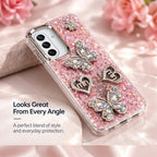 Close-up of Samsung Galaxy A17 glitter butterfly case showing raised butterfly, heart and floral-style details