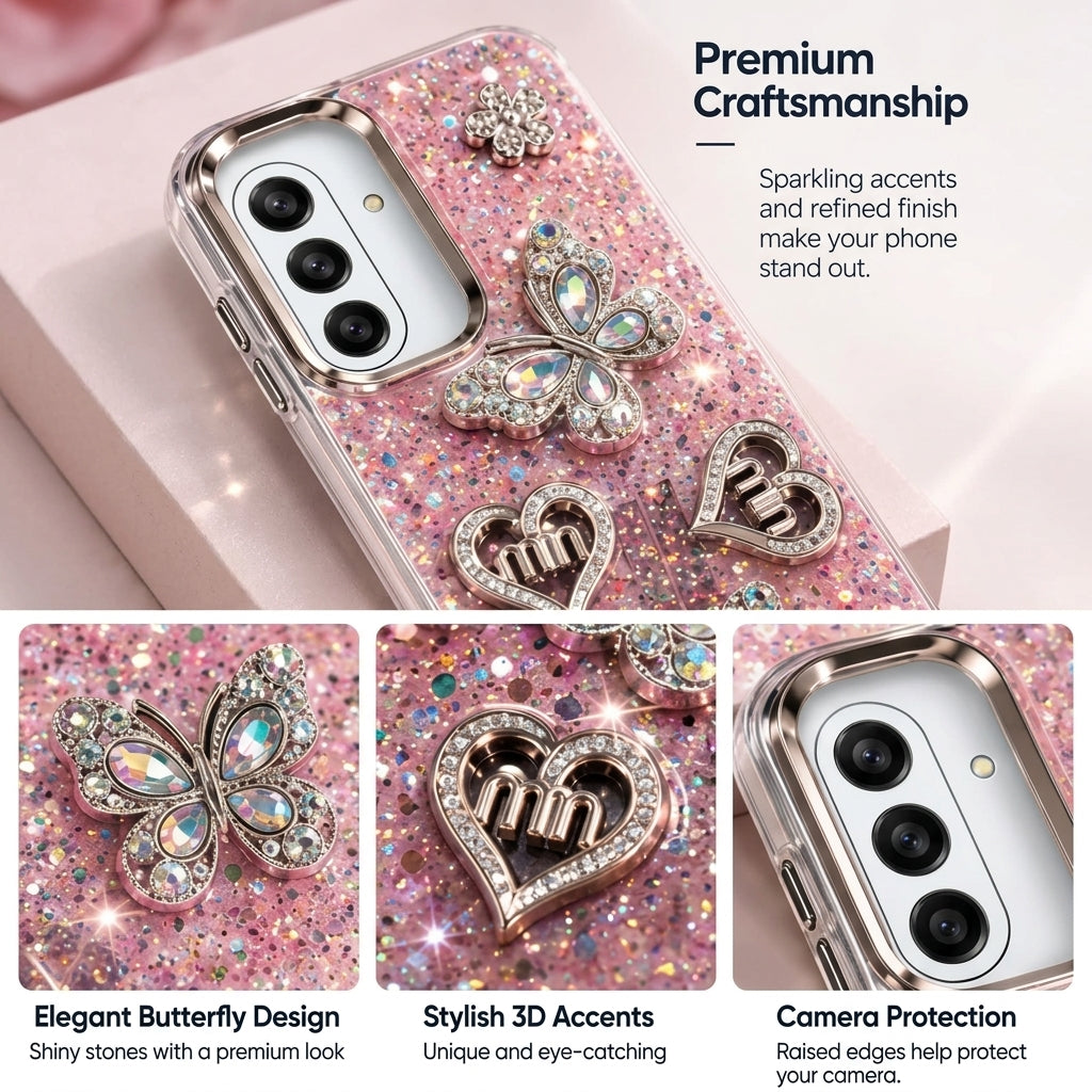 Samsung Galaxy A17 glitter back cover detail showing butterfly and heart decorations around the camera area