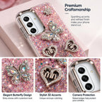 Samsung Galaxy A17 glitter back cover detail showing butterfly and heart decorations around the camera area