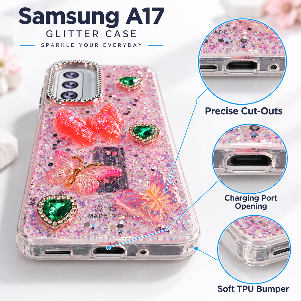 Samsung Galaxy A17 pink case bottom profile with cut-outs, charging port opening and TPU bumper