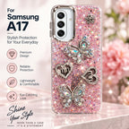 Pink Samsung Galaxy A17 glitter butterfly back cover with raised 3D decorations and soft TPU sides