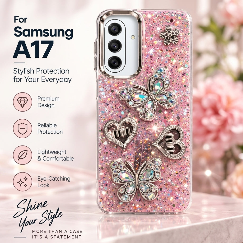 Pink Samsung Galaxy A17 glitter butterfly back cover with raised 3D decorations and soft TPU sides