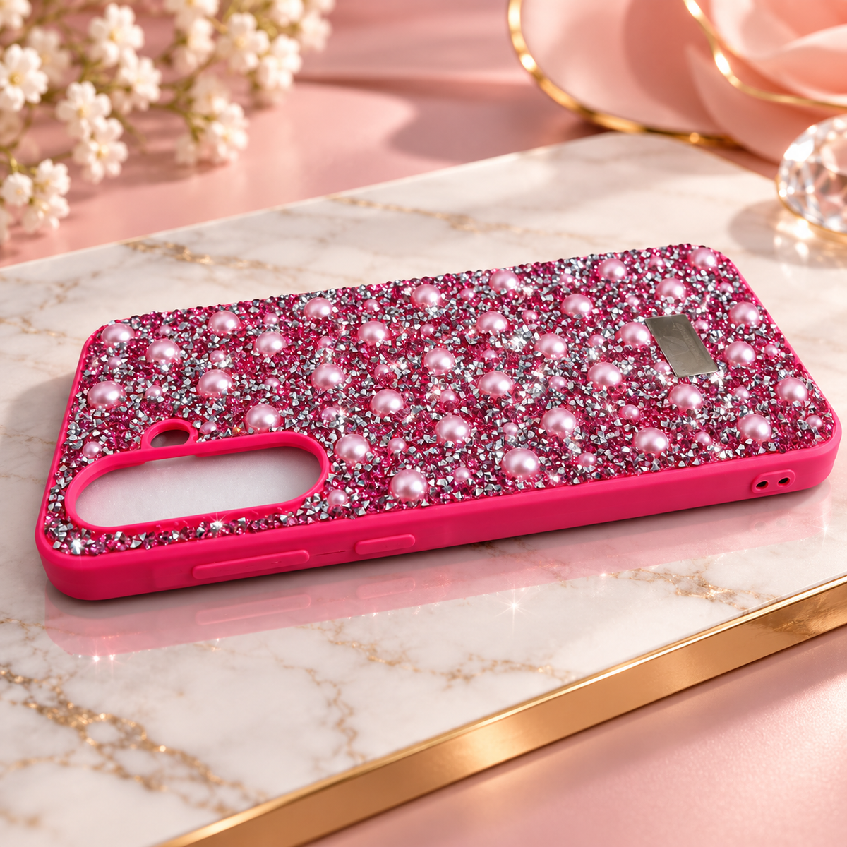 Angled view of pink rhinestone and pearl Samsung Galaxy A36 5G case showing side frame and cutouts