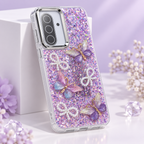 Angled view of purple glitter butterfly case for Samsung Galaxy A36 showing clear sides and bottom cutouts