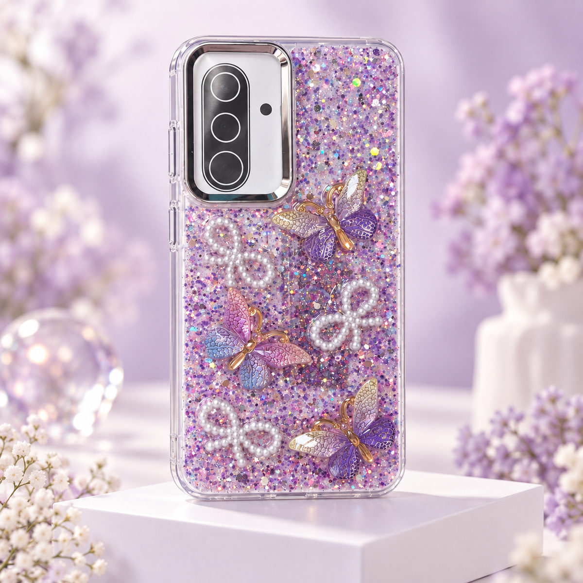 Fancy purple glitter butterfly case for Samsung Galaxy A36 with 3D butterfly and pearl bow decorations