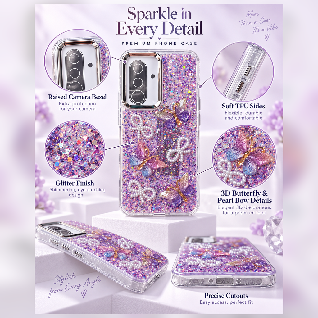 Samsung Galaxy A36 purple glitter case infographic showing soft TPU sides, raised camera bezel, glitter finish, 3D butterflies and pearl bow details