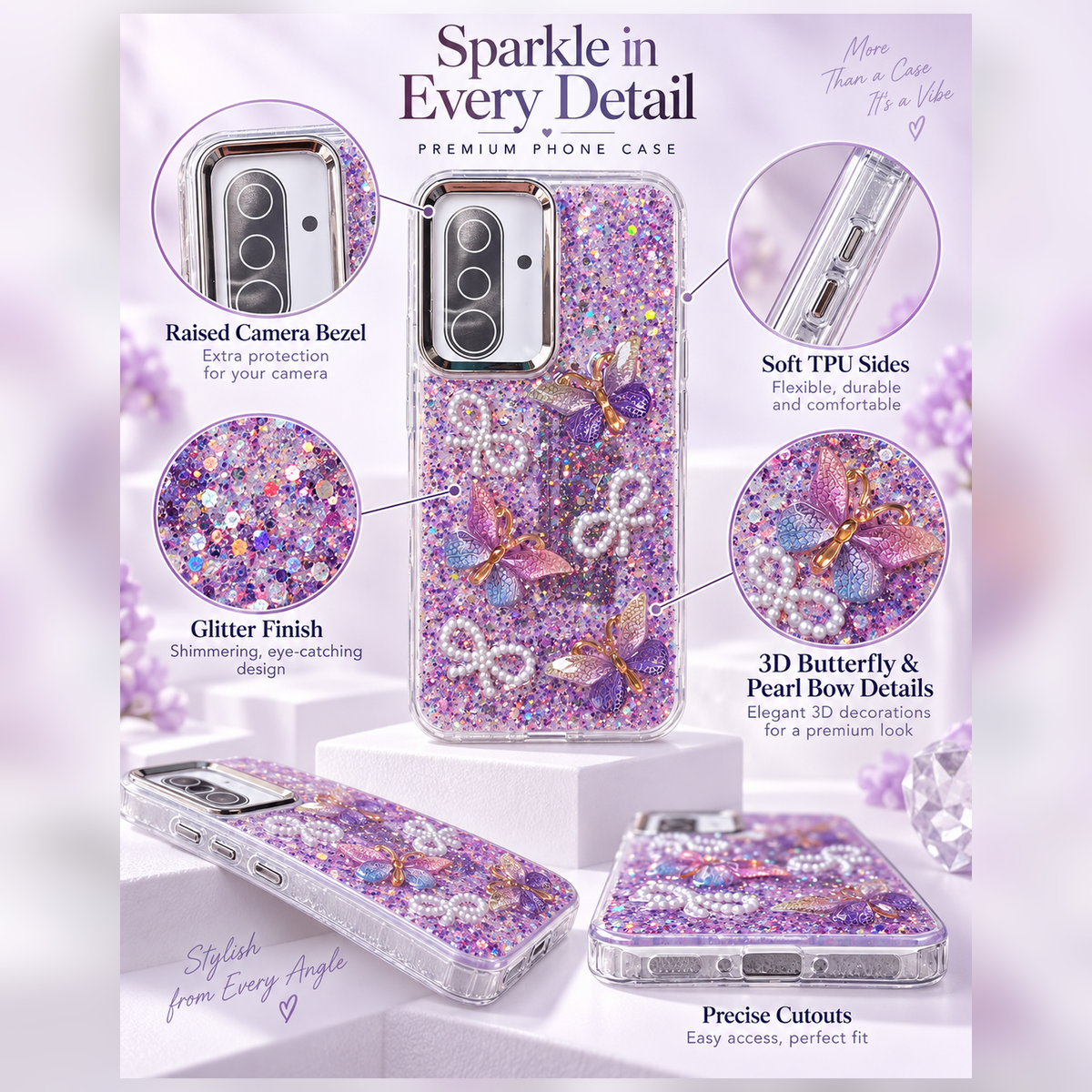 Samsung Galaxy A36 purple glitter case infographic showing soft TPU sides, raised camera bezel, glitter finish, 3D butterflies and pearl bow details