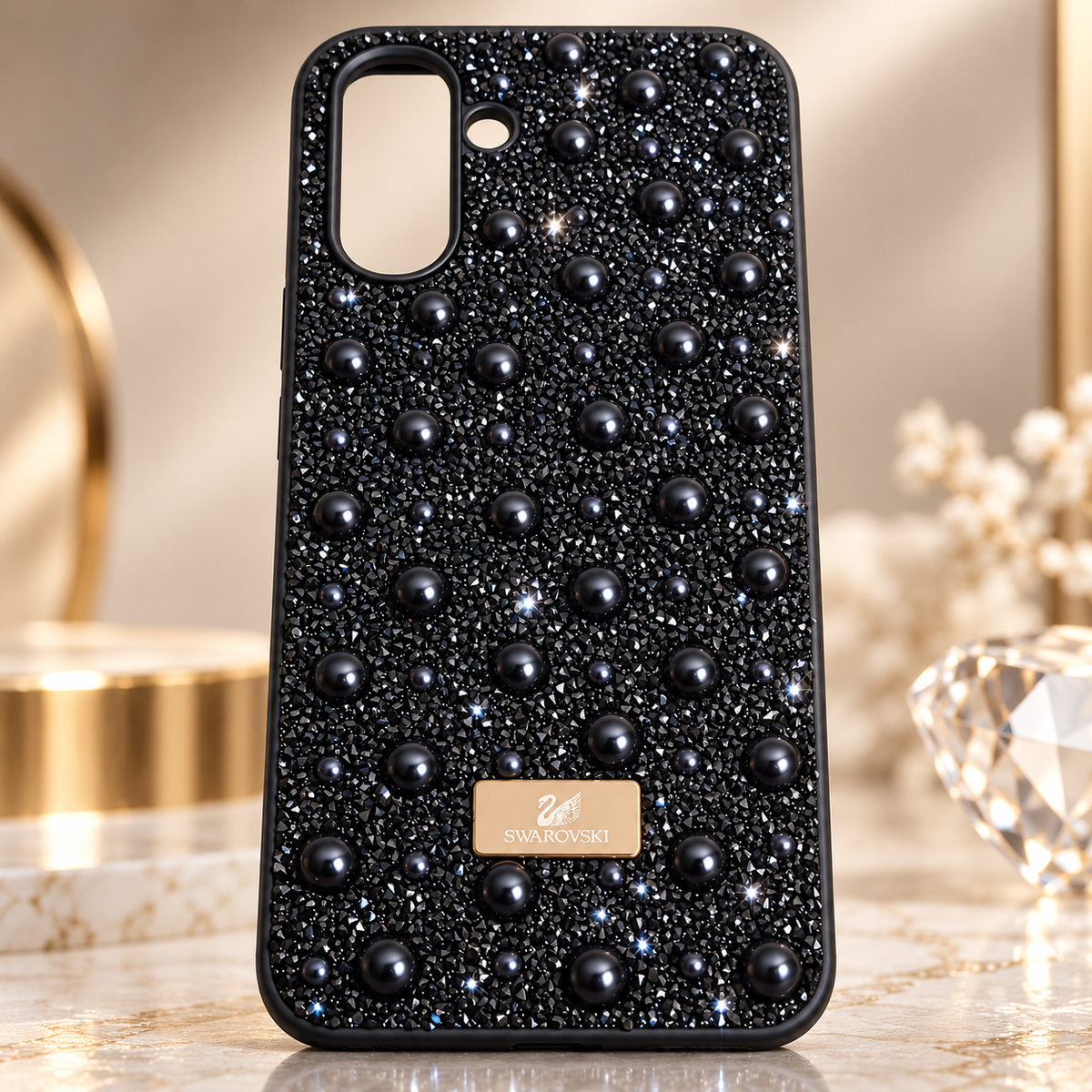 Black rhinestone and pearl fashion case for Samsung Galaxy A36 5G, close-up rear view