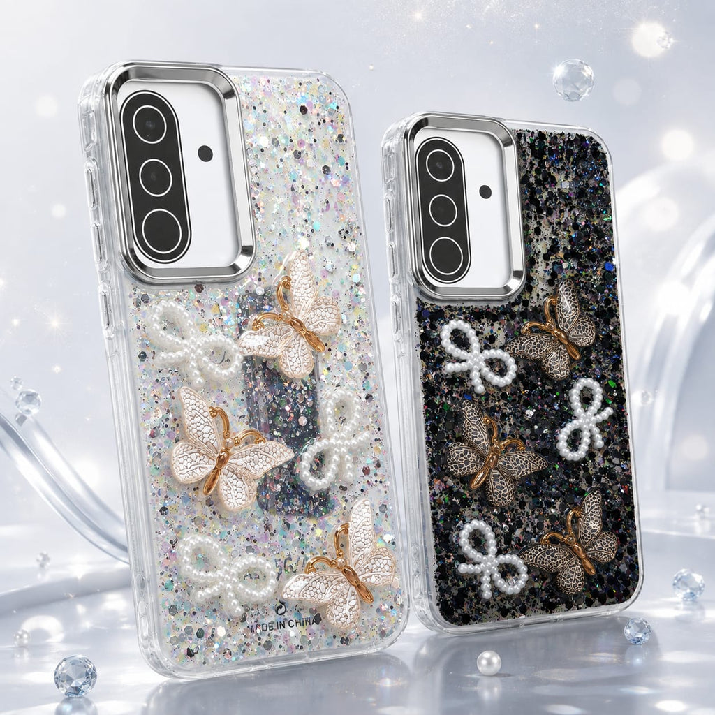 Samsung Galaxy A37 glitter butterfly pearl bow case showing soft TPU sides and raised camera surround