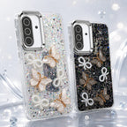 Samsung Galaxy A37 glitter butterfly pearl bow case showing soft TPU sides and raised camera surround