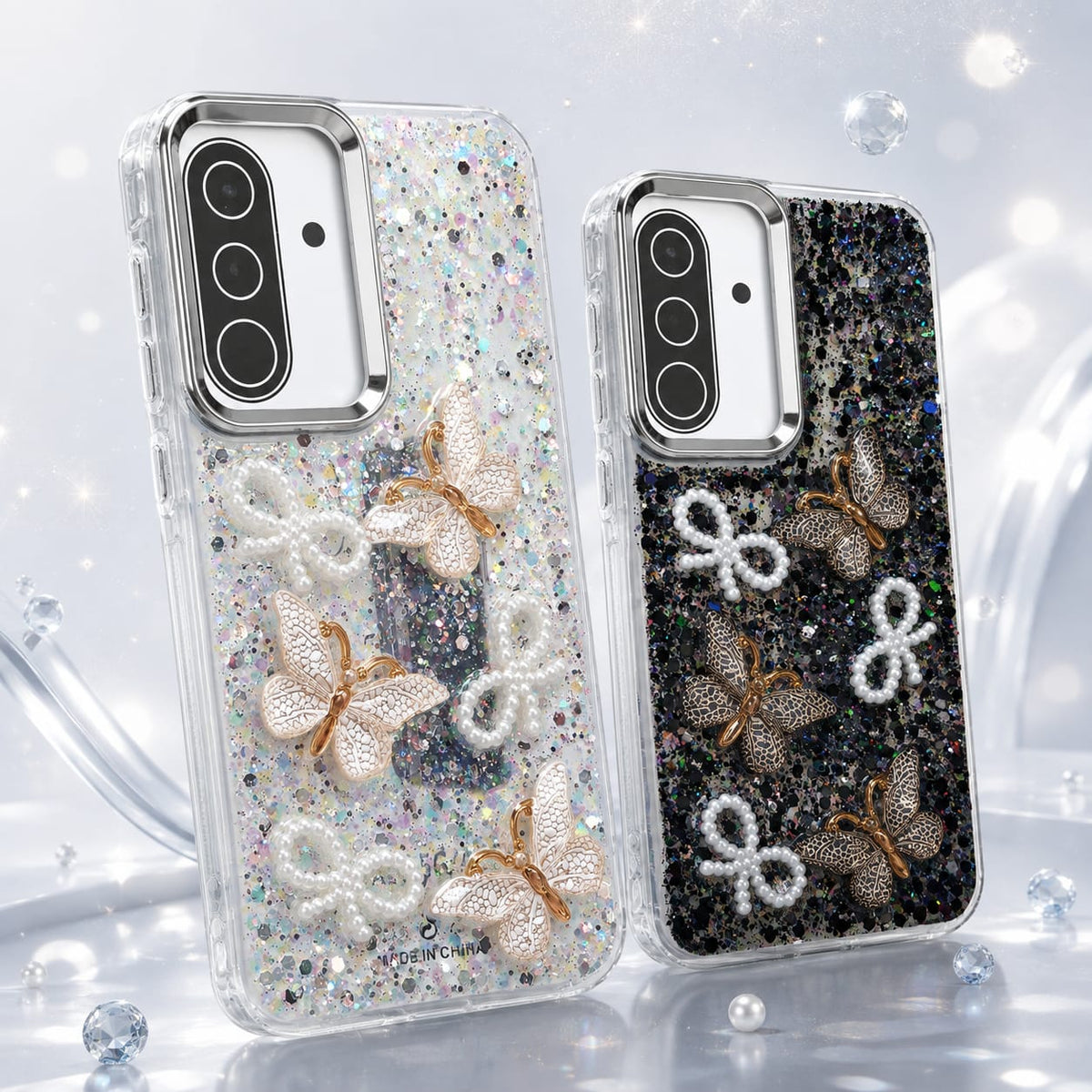 Samsung Galaxy A37 glitter butterfly pearl bow case showing soft TPU sides and raised camera surround