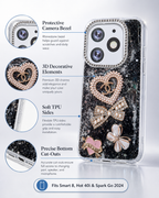 Black fancy glitter phone case infographic showing raised 3D decorations and camera bezel