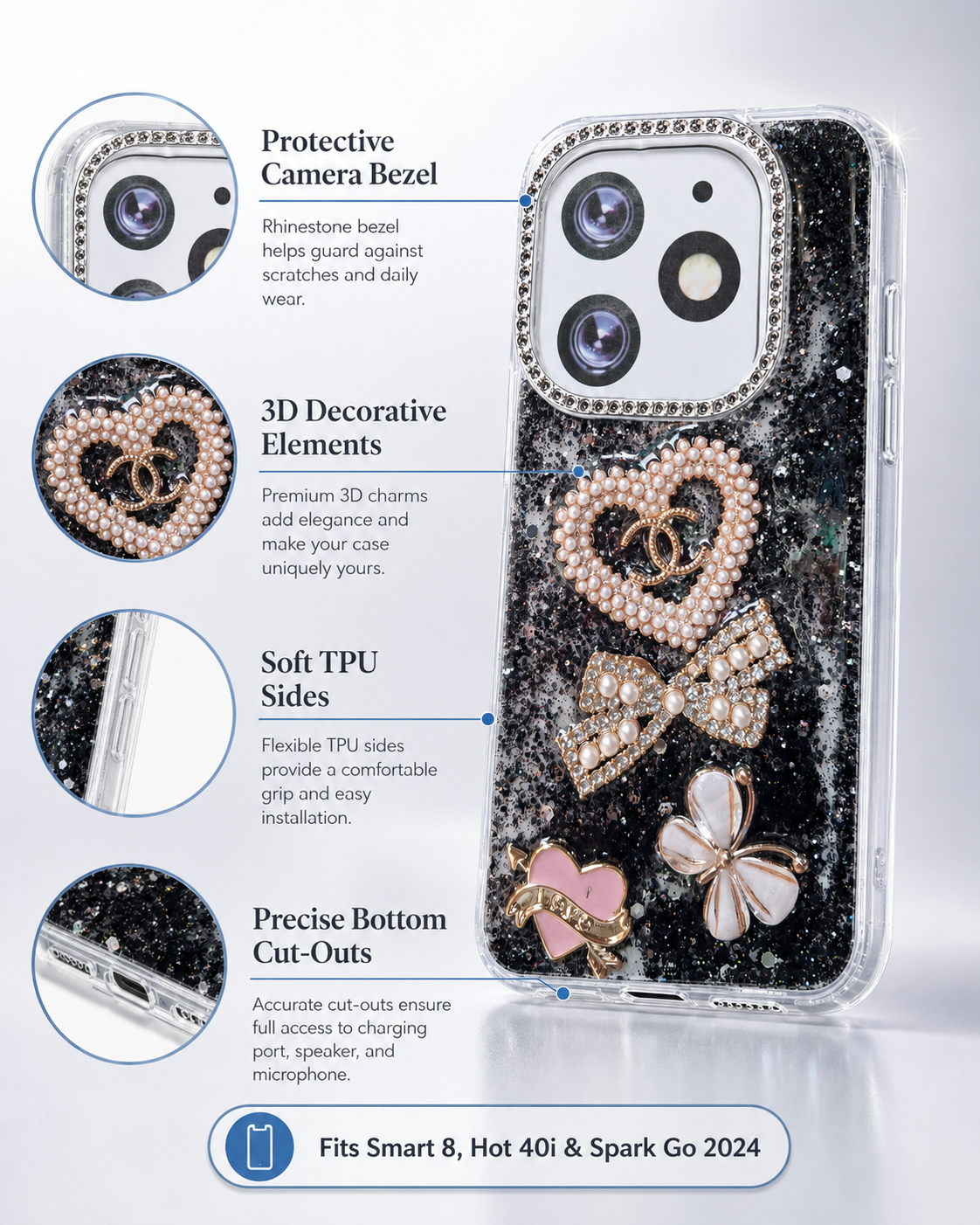 Black fancy glitter phone case infographic showing raised 3D decorations and camera bezel