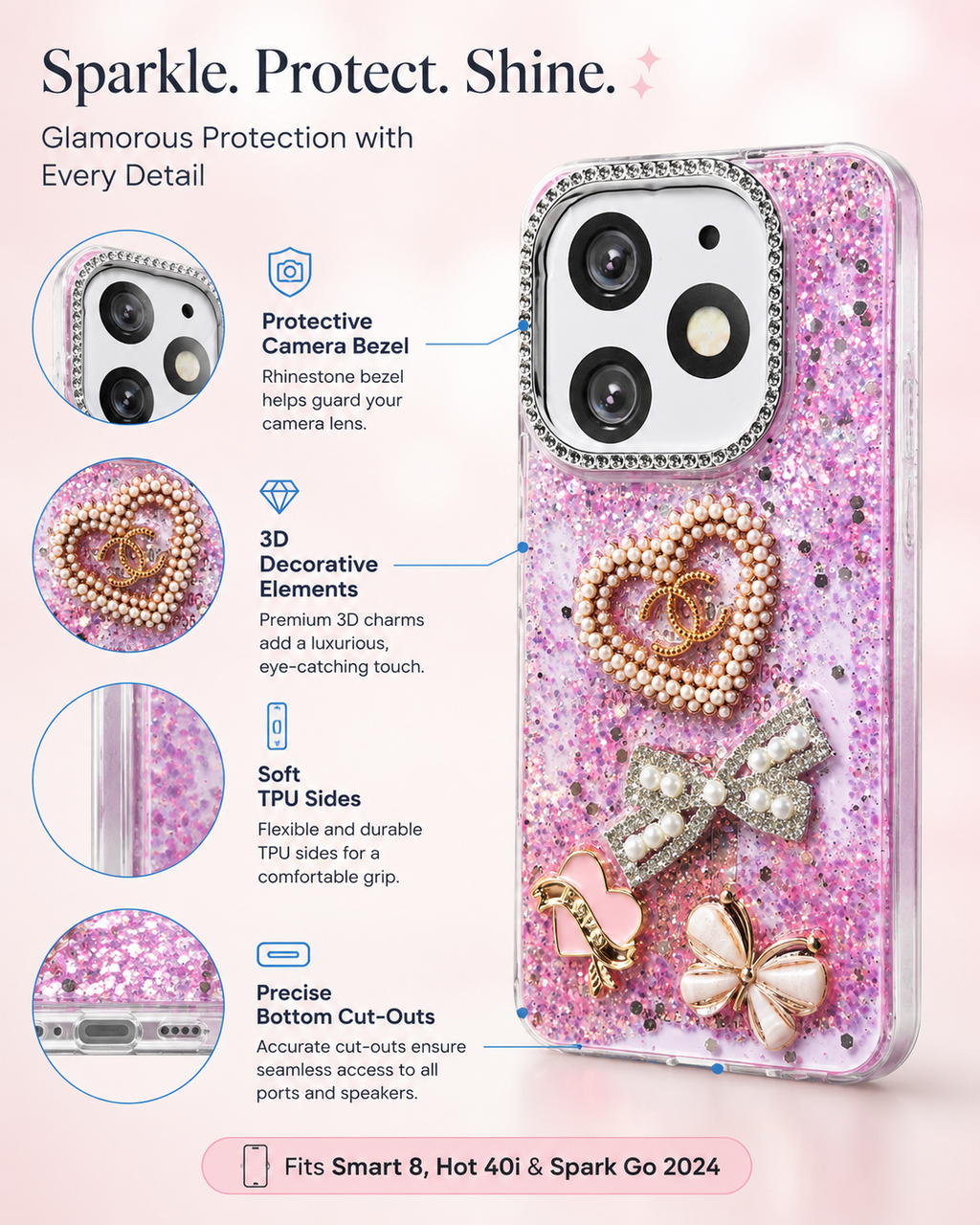 Pink fancy glitter phone case infographic showing TPU sides, raised camera bezel and bottom cut-outs
