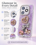 Purple fancy glitter phone case infographic showing raised camera bezel, 3D decorations and TPU sides