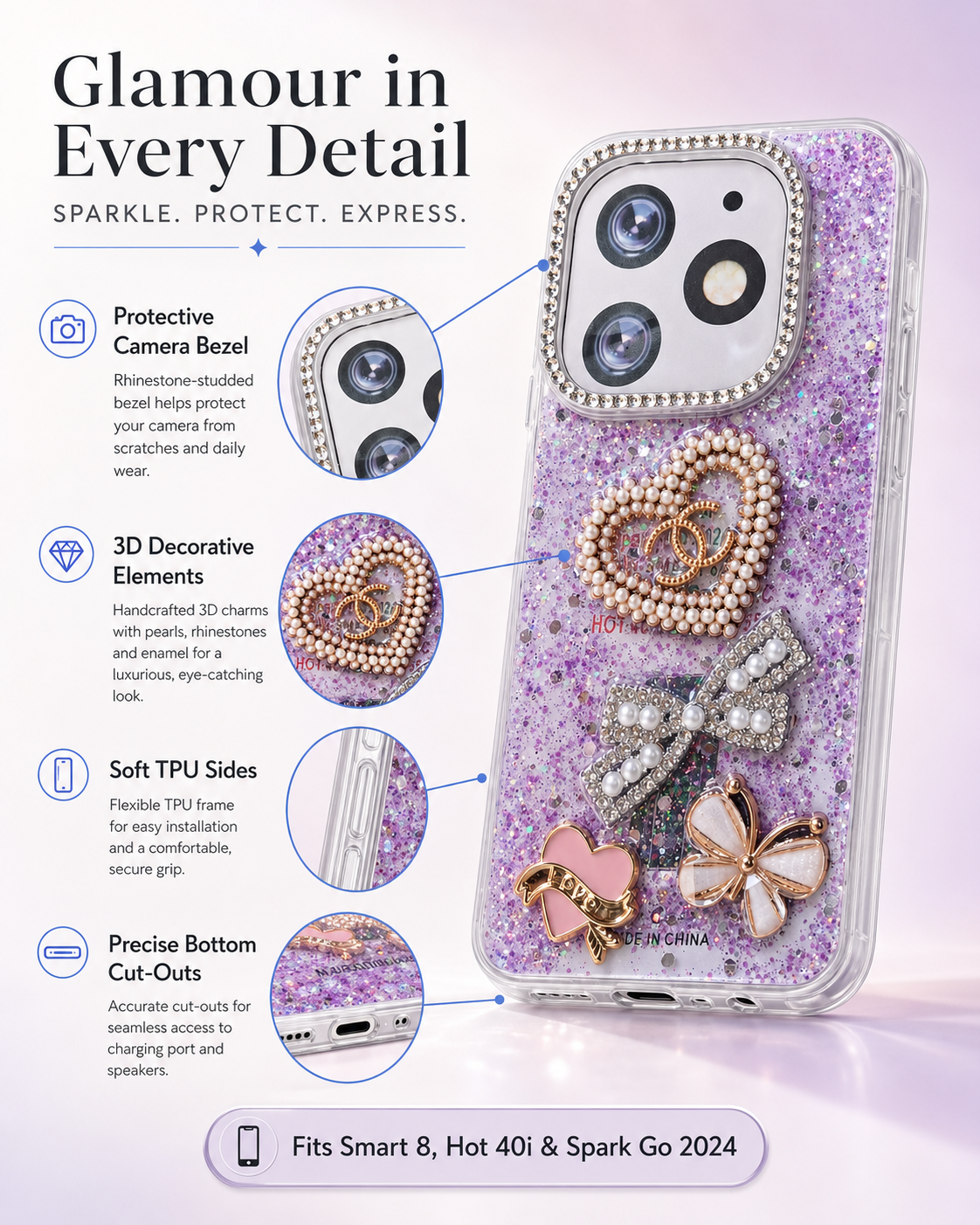 Purple fancy glitter phone case infographic showing raised camera bezel, 3D decorations and TPU sides