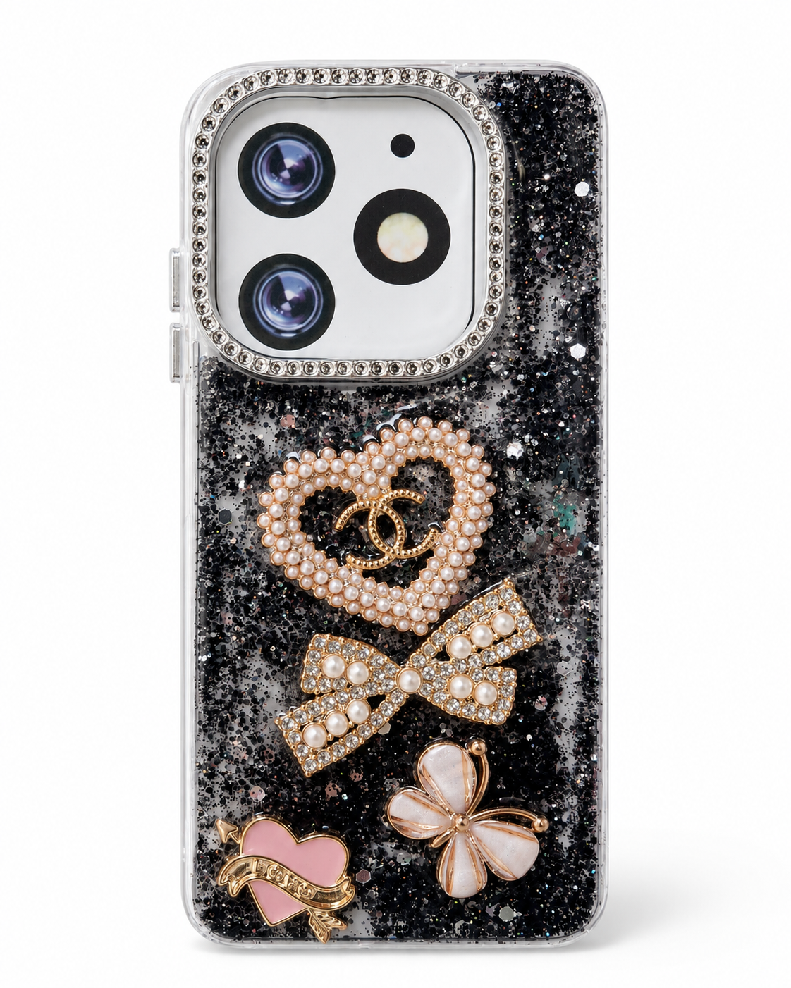 Black fancy 3D pearl heart glitter phone case, rear view