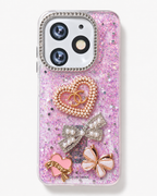 Pink fancy 3D pearl heart glitter phone case, rear view