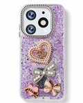 Purple fancy 3D pearl heart glitter phone case, rear view