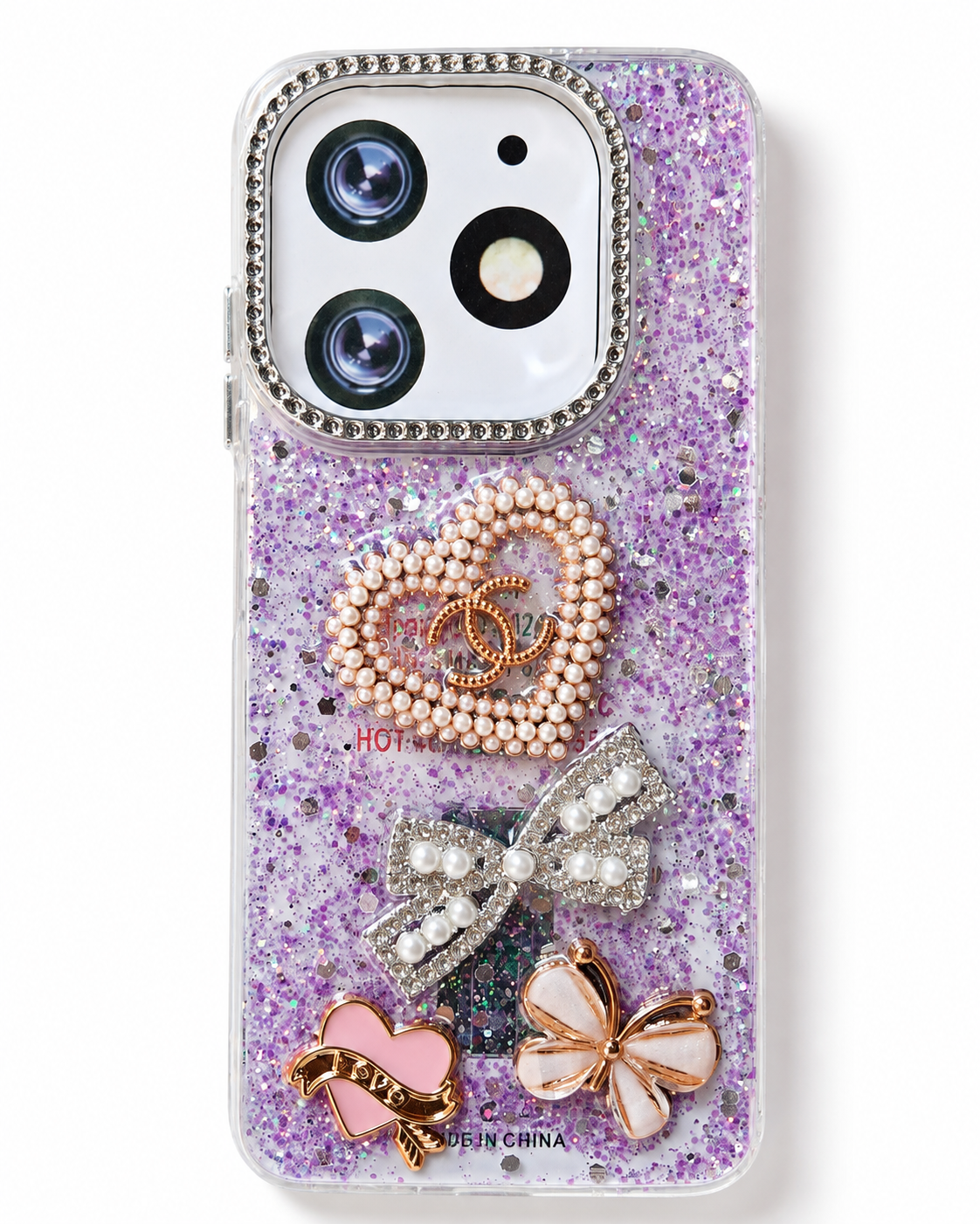 Purple fancy 3D pearl heart glitter phone case, rear view