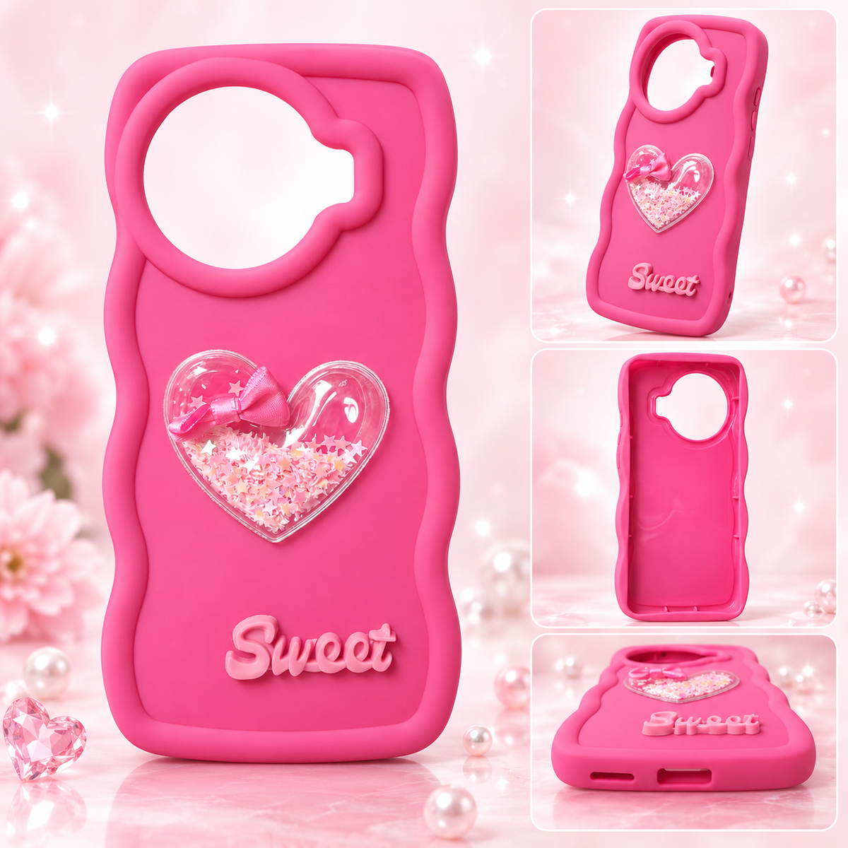 Pink TECNO Spark 20 Pro Plus cute 3D heart bow back cover for girls