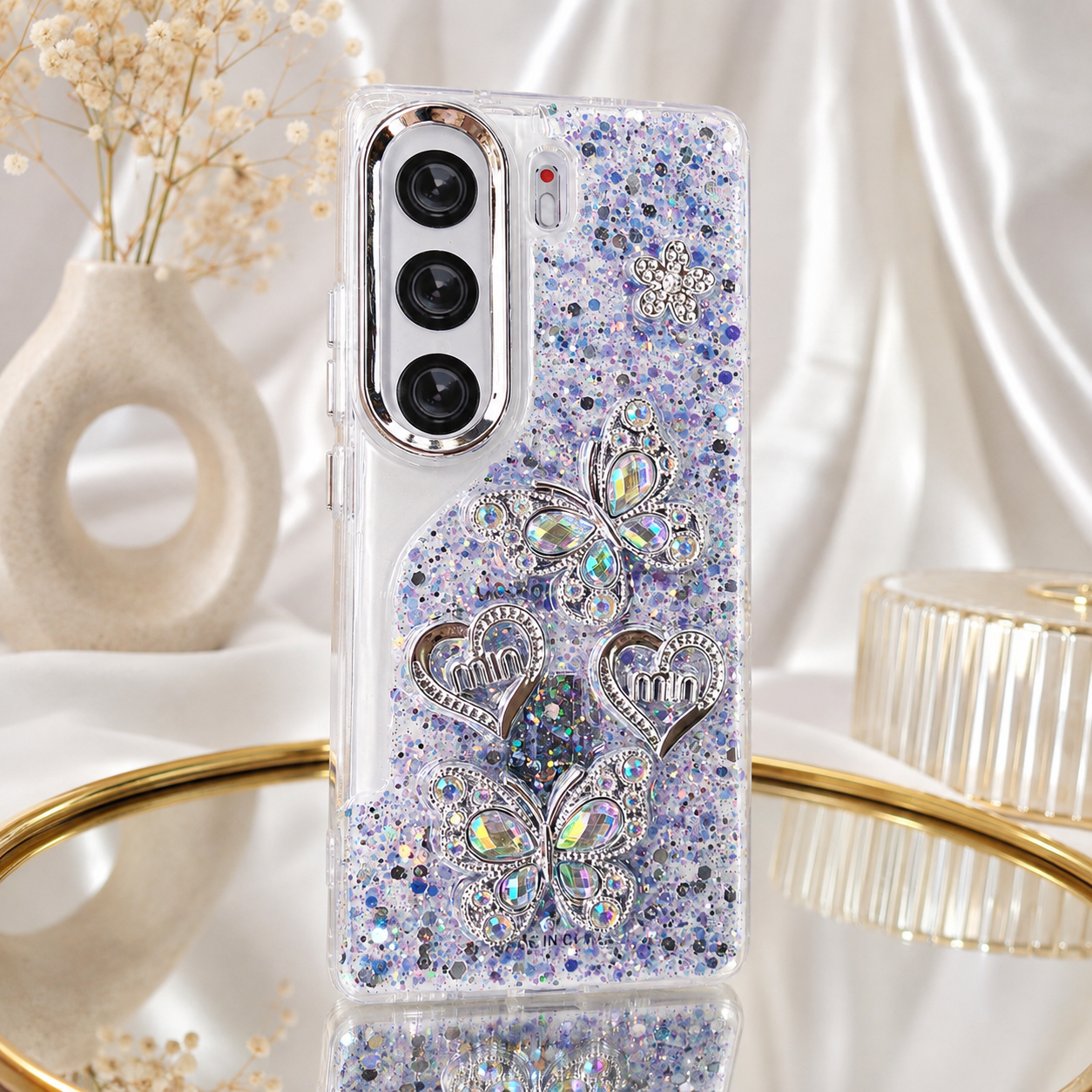 3D butterfly and heart glitter case for TECNO CAMON 40 with silver-tone rhinestone-style decorations and camera surround