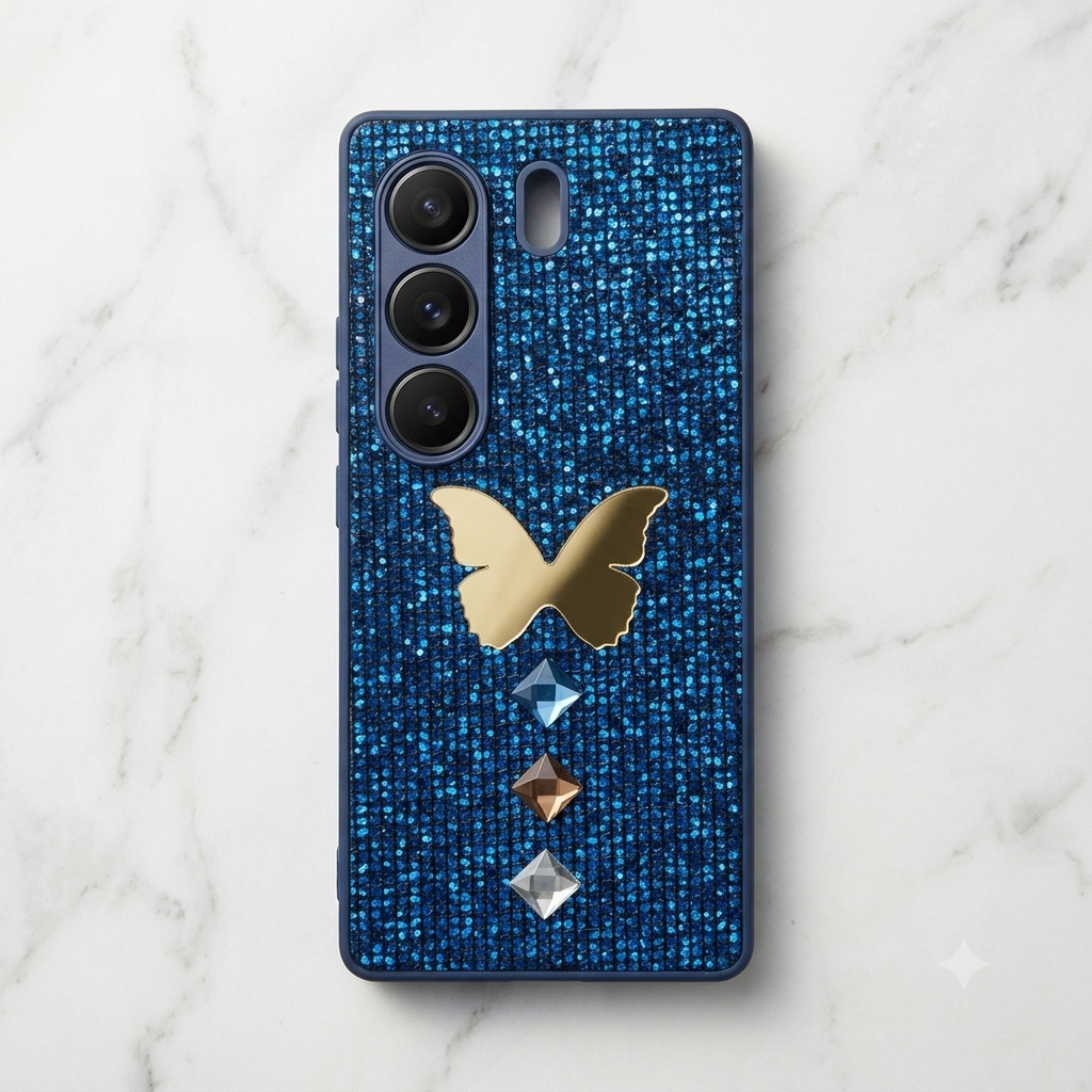 Blue 3D golden butterfly glitter case for TECNO CAMON 40