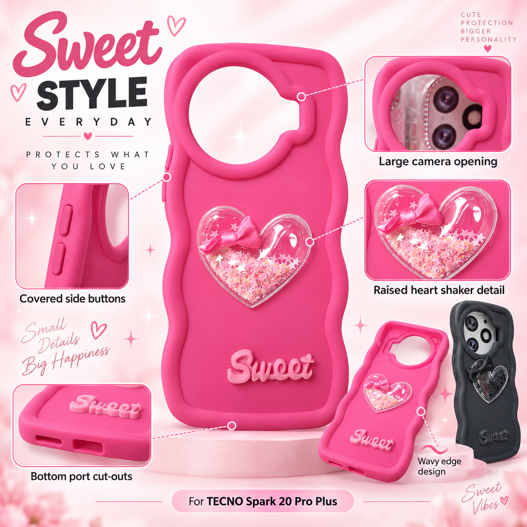 TECNO Spark 20 Pro Plus pink 3D heart bow case feature infographic with raised heart, Sweet lettering and black variant inset