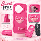 TECNO Spark 20 Pro Plus pink 3D heart bow case feature infographic with raised heart, Sweet lettering and black variant inset