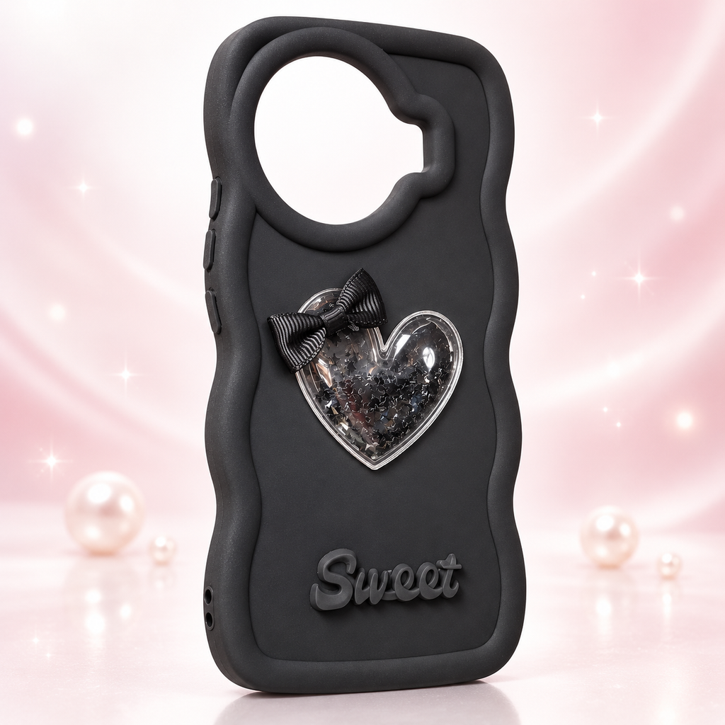 Black TECNO Spark 20 Pro Plus 3D heart bow back cover, rear view on a light studio background