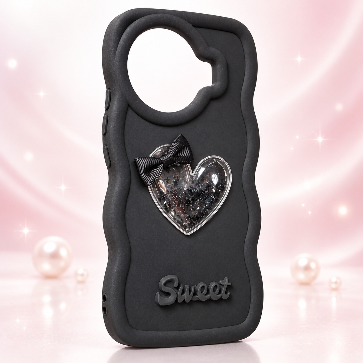 Black TECNO Spark 20 Pro Plus 3D heart bow back cover, rear view on a light studio background