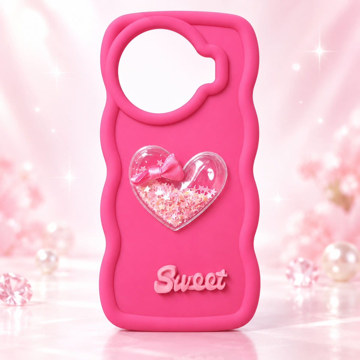 Pink TECNO Spark 20 Pro Plus 3D heart bow back cover, rear view on a light studio background