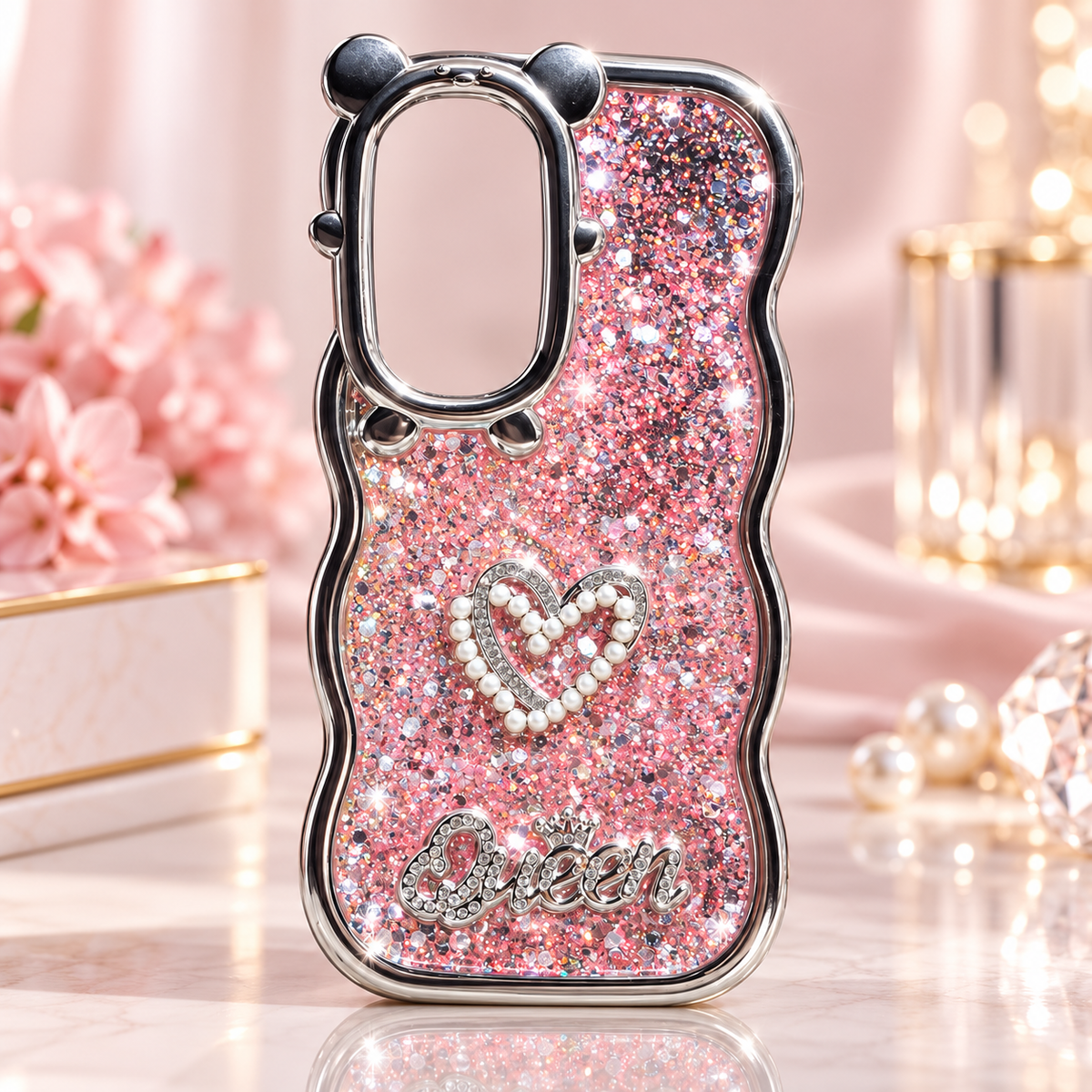 TECNO Spark 40 Pro Queen glitter heart fashion case in pink, front view