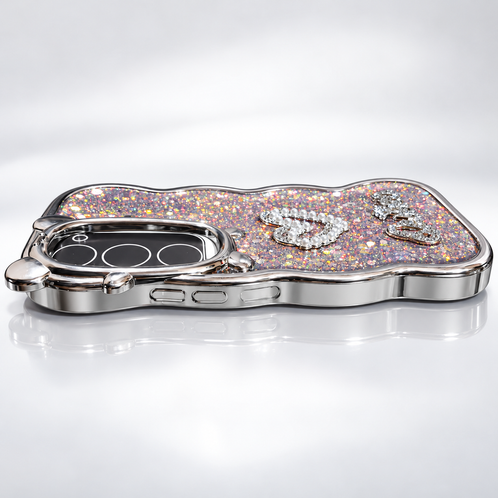 TECNO Spark 40 Pro silver Queen glitter heart case side and button detail