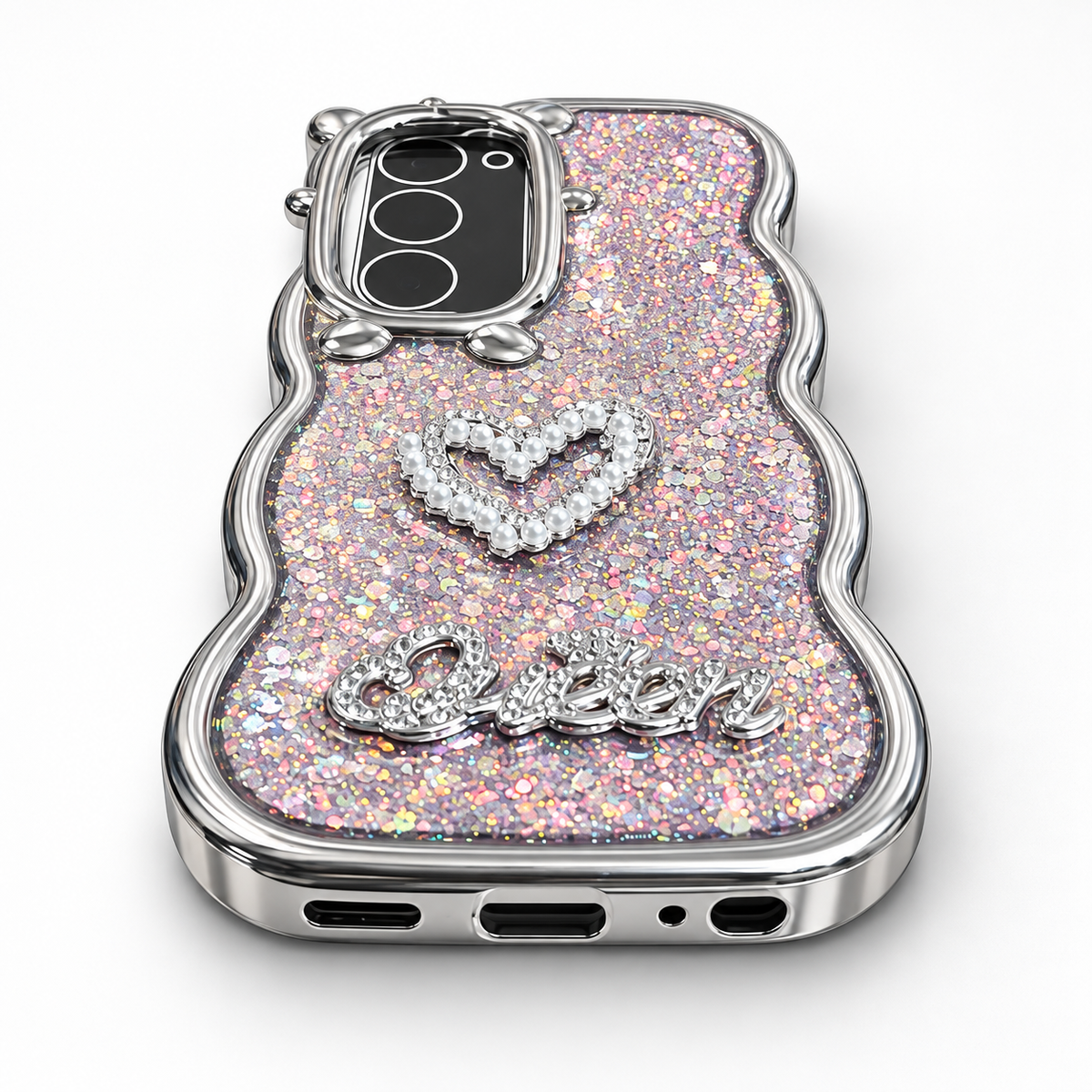 TECNO Spark 40 Pro Queen glitter heart fashion case in silver, front view