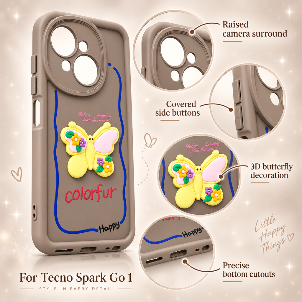 Feature infographic for TECNO Spark Go 1 3D butterfly case showing the raised camera surround, side buttons and bottom cut-outs