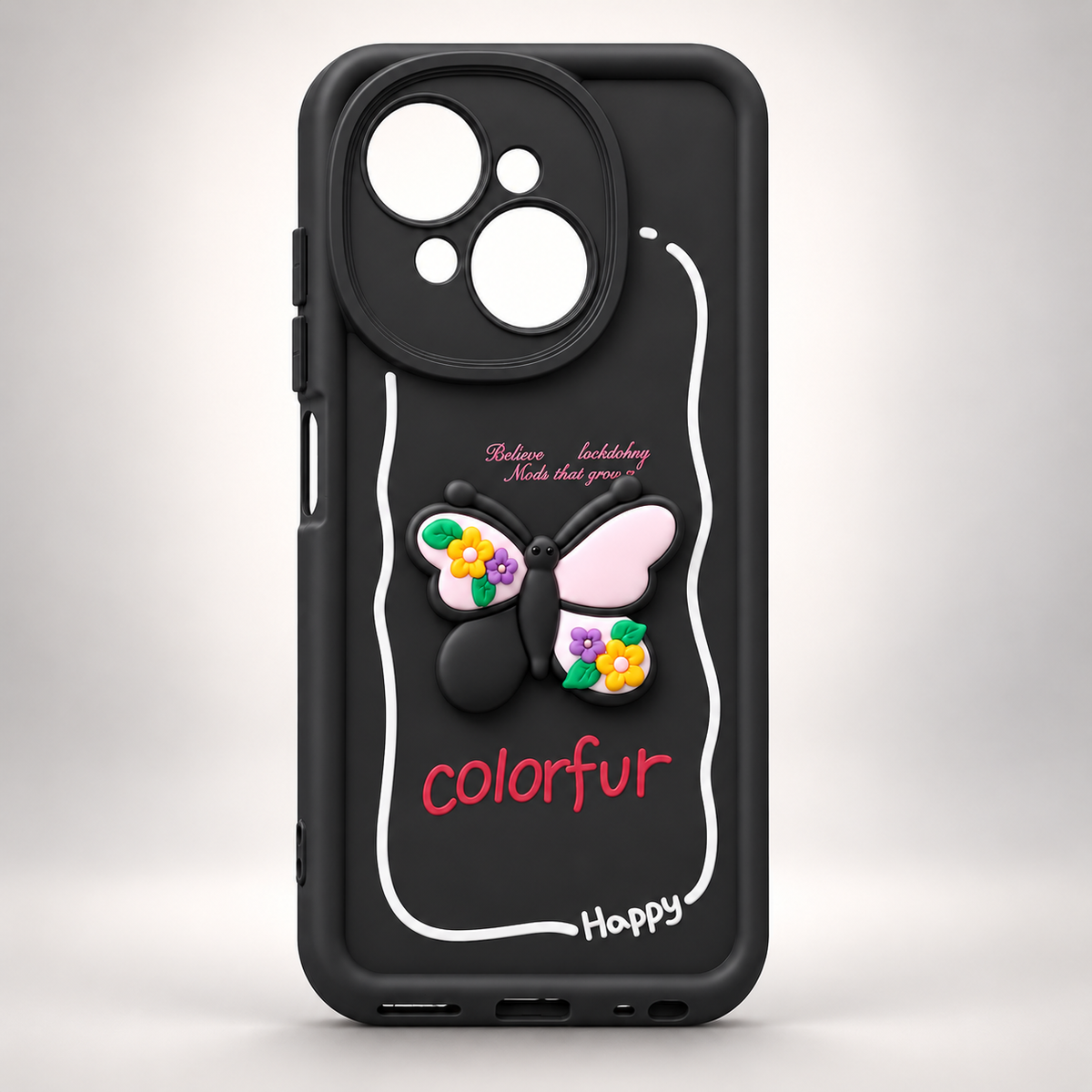 Black 3D butterfly case for TECNO Spark Go 1, rear view on a light studio background