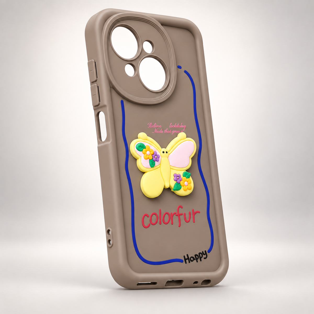Angled view of brown 3D butterfly case for TECNO Spark Go 1 showing the side buttons and bottom cut-outs