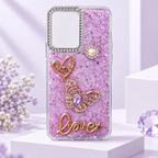 Lavender glitter butterfly love case for TECNO Spark Go 3 with raised gold-tone charms and decorative camera border