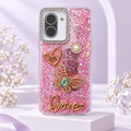 Pink glitter butterfly love case for TECNO Spark Go 3 with raised gold-tone charms and decorative camera border