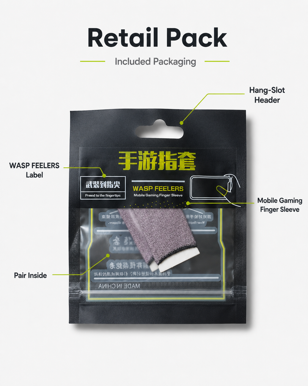 A retail pack of WASP Feelers mobile gaming finger sleeves shown on a light gray background with callout labels pointing to the packaging components and included item.