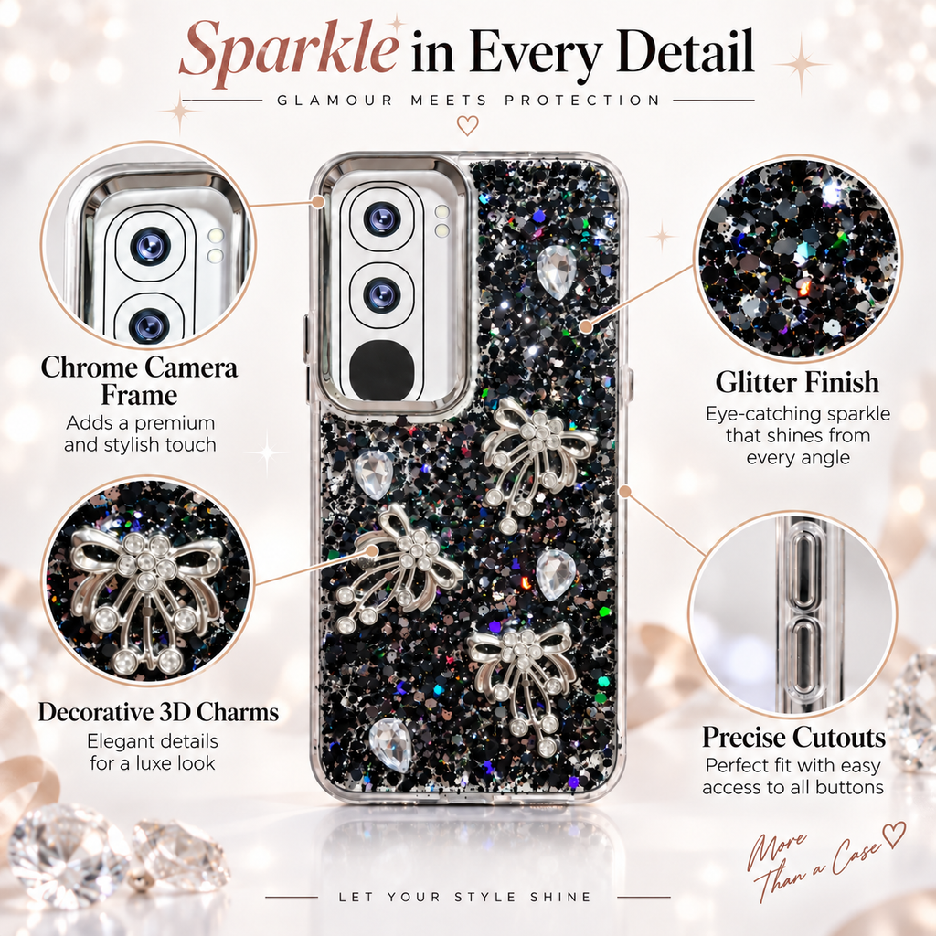 Vivo Y21d black glitter back cover with rhinestone-style bow charms, stone-style accents and camera frame details
